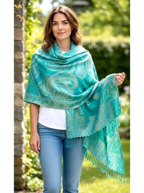 Pashmina Wrap Shawl Scarf Blue Green Paisley Fashion Scarf Reversible